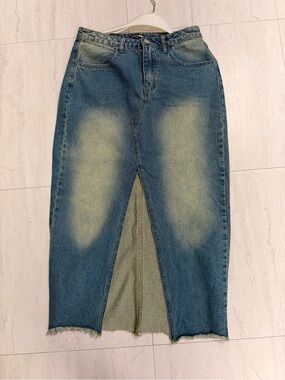 Fashion Nova Blue Washed Denim Midi Skirt with Front Slit